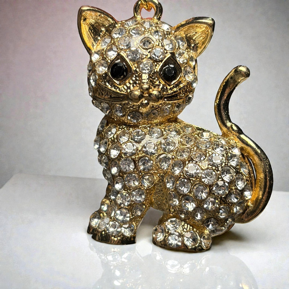 Gold Crystal Cat Keychain Bag Charm Bling Kawaii Y2K Preppy Glam Kitty Gift Cute